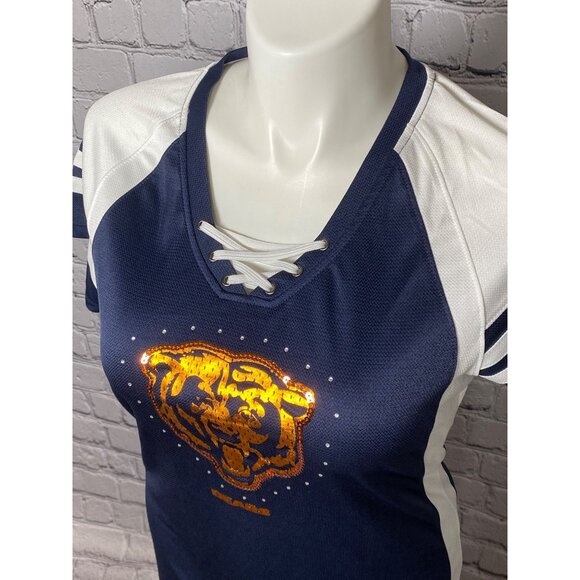 Chicago Bears Womens Size XL Majestic Draft Me Navy Blue Sequin T Shirt New - Picture 4 of 11